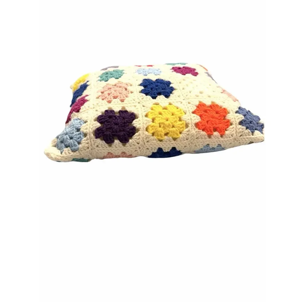 Vintage Granny Square Crochet Throw Pillow Floral Multi Colors Grannycore 16”